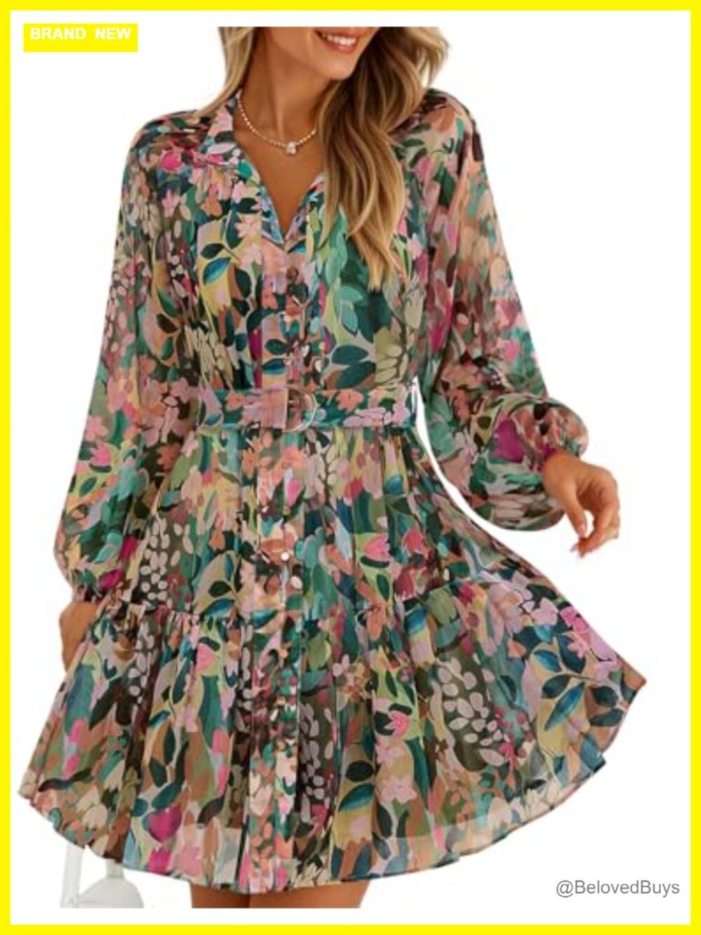 Long Sleeve Floral Chiffon Mini Dress with Button Front and Adjustable Waist